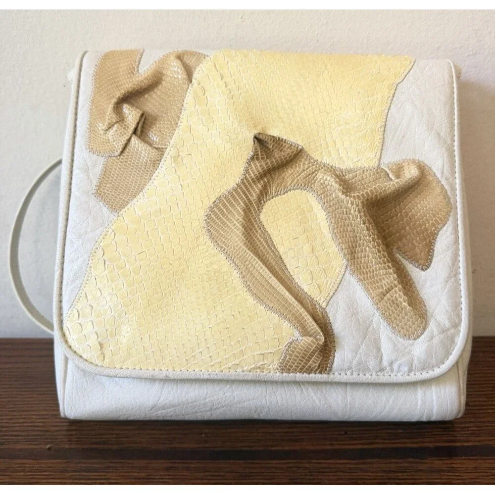 Carlos Falchi Women's Snakeskin Detail White Leather Crossbody Handbag Vintage
